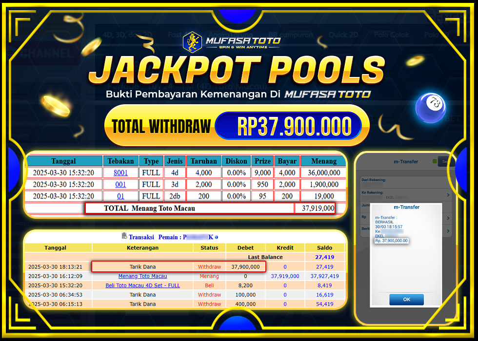 MUFASATOTO JACKPOT POOL MACAU Rp 37.900.000 | LUNAS